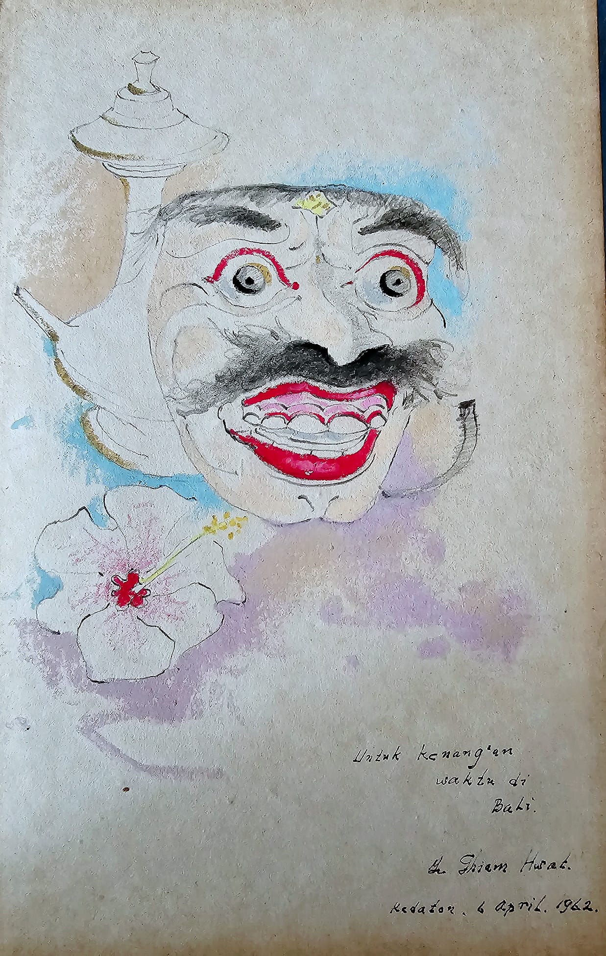 Painting of a Balinese mask, given as a keepsake, inscribed in Indonesian and dated Kedaton, 6 April 1962