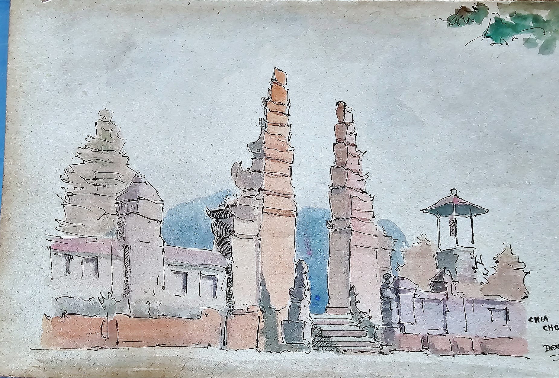 Watercolour sketch of a Balinese temple split gate, signed and inscribed with a Denpasar location