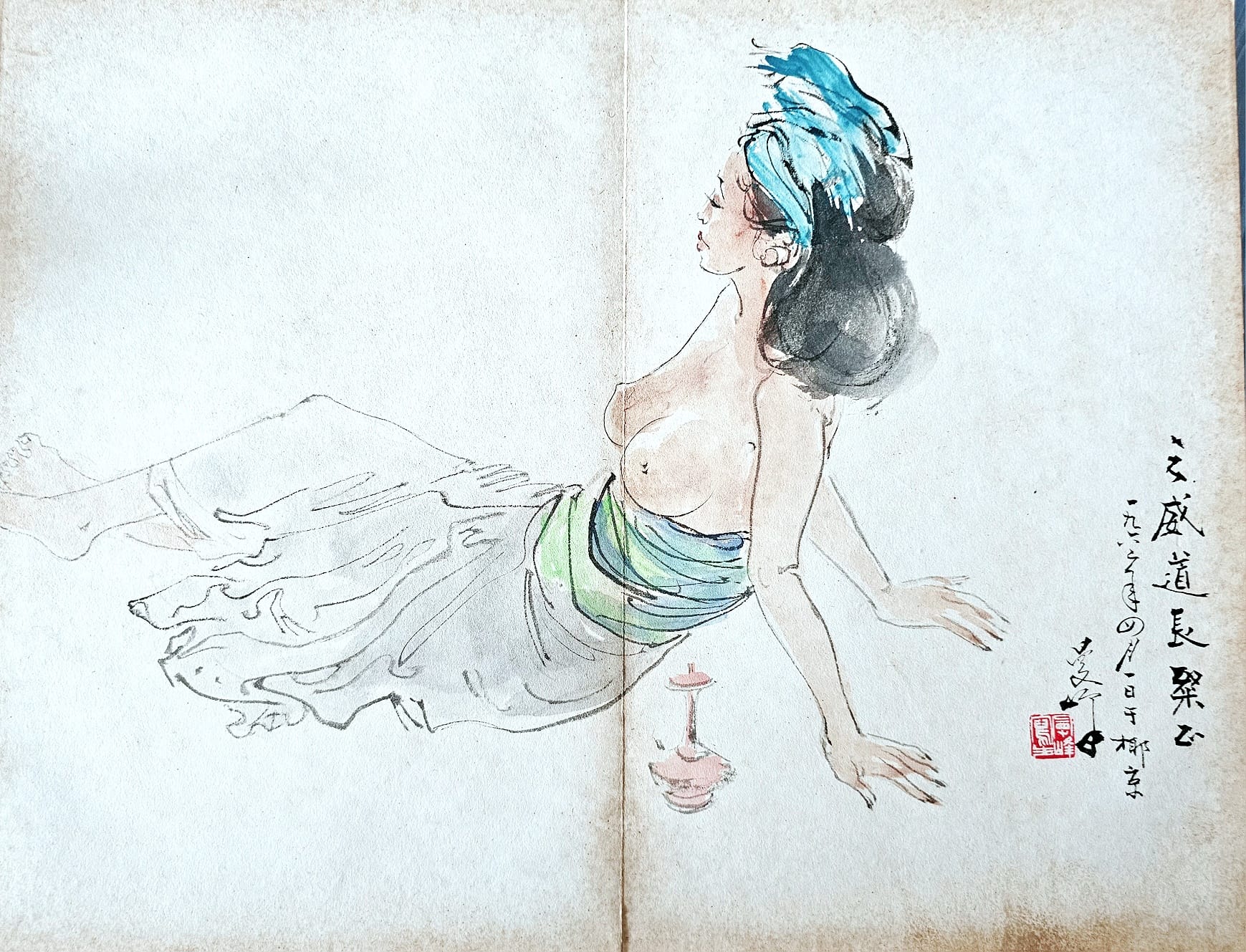 Figure painting with Chinese inscription dated 1962, Jakarta