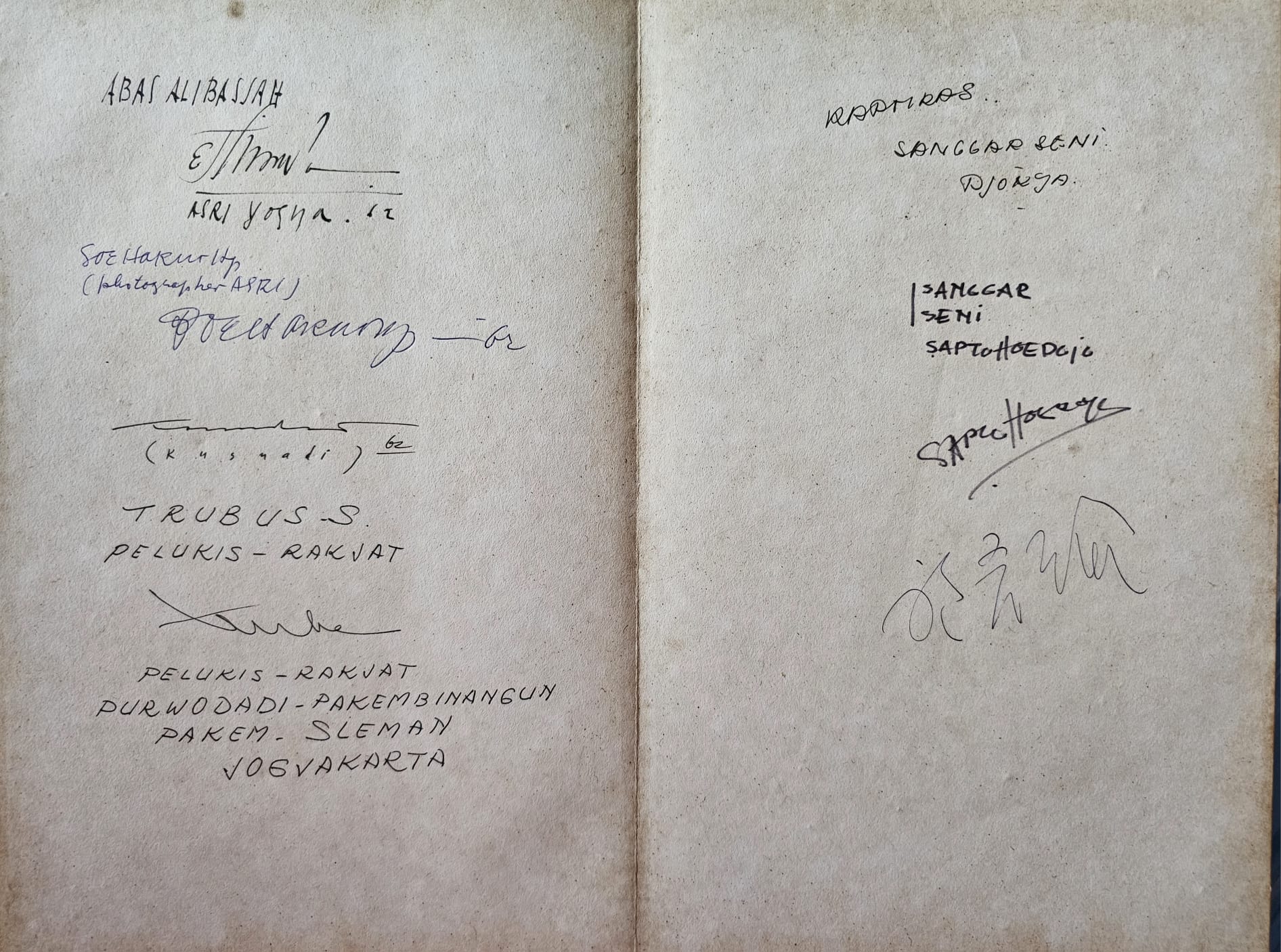 Signature page with names and addresses from ASRI, Yogyakarta, including Abas Alibasah and Trubus S.