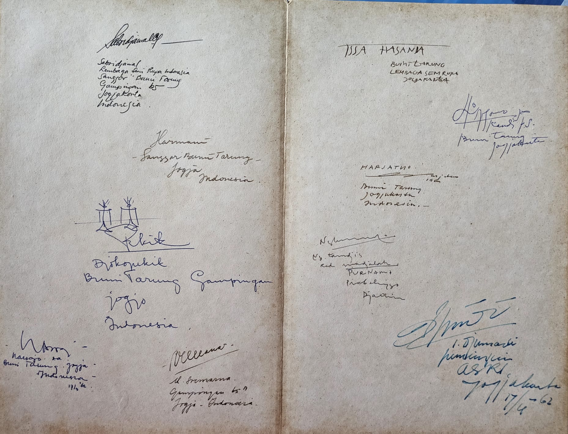 Signature page from Sanggar Bumi Tarung artists in Yogyakarta, dated April 1962