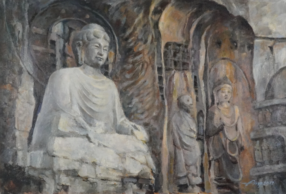 Painting of a seated Buddha stone carving by Ang Leng Yong