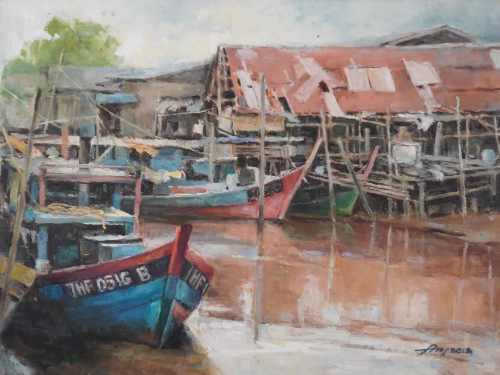 Fishing boats at a stilt-village harbour by Ang Leng Yong