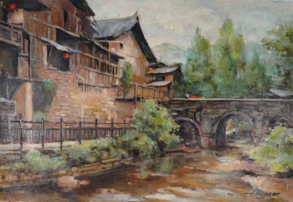 Old-town riverside with a stone bridge by Ang Leng Yong