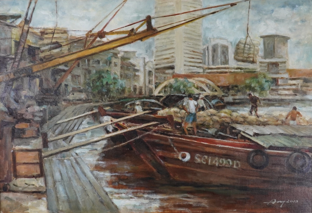 Bumboats moored at a river quay by Ang Leng Yong