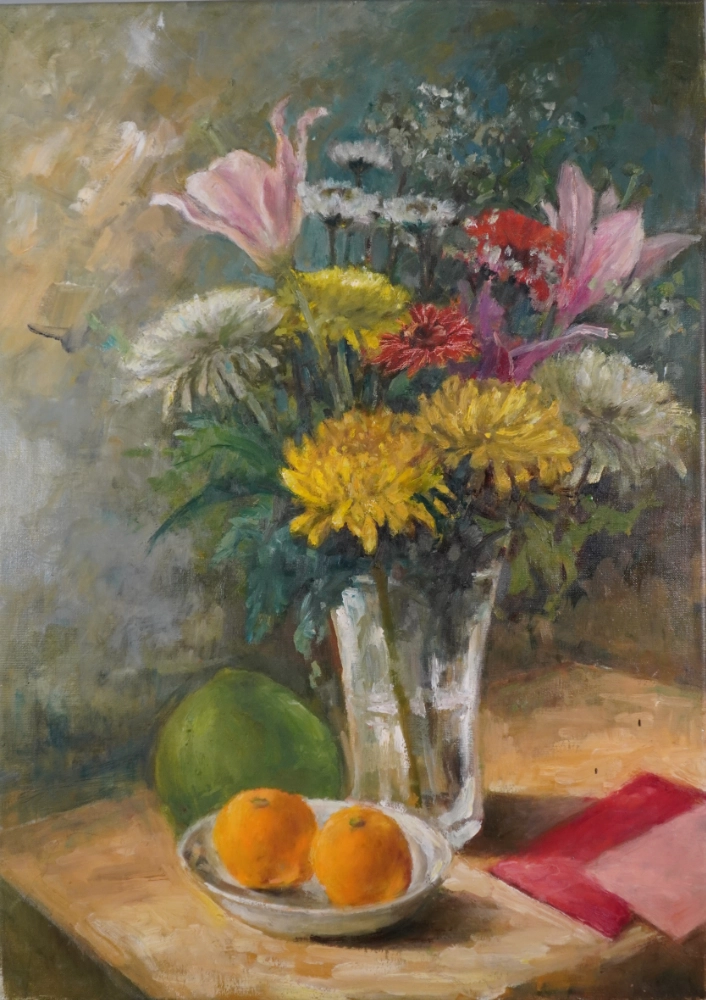 Still life with flowers and fruit by Ang Leng Yong