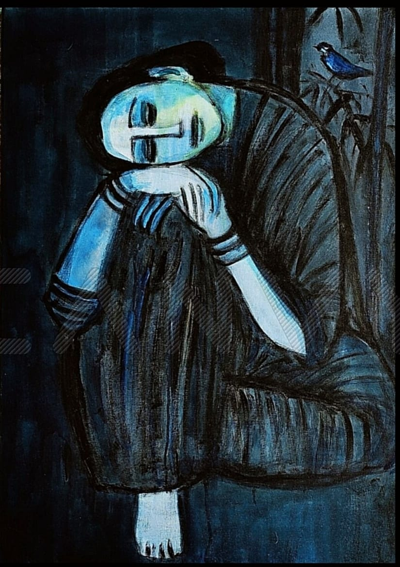 Figurative painting of a seated figure with a bird by Arathi Dharani