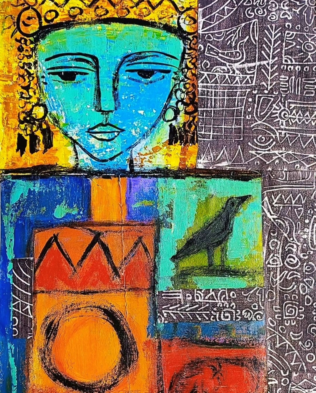 Figurative collage with a crowned figure and a bird by Arathi Dharani