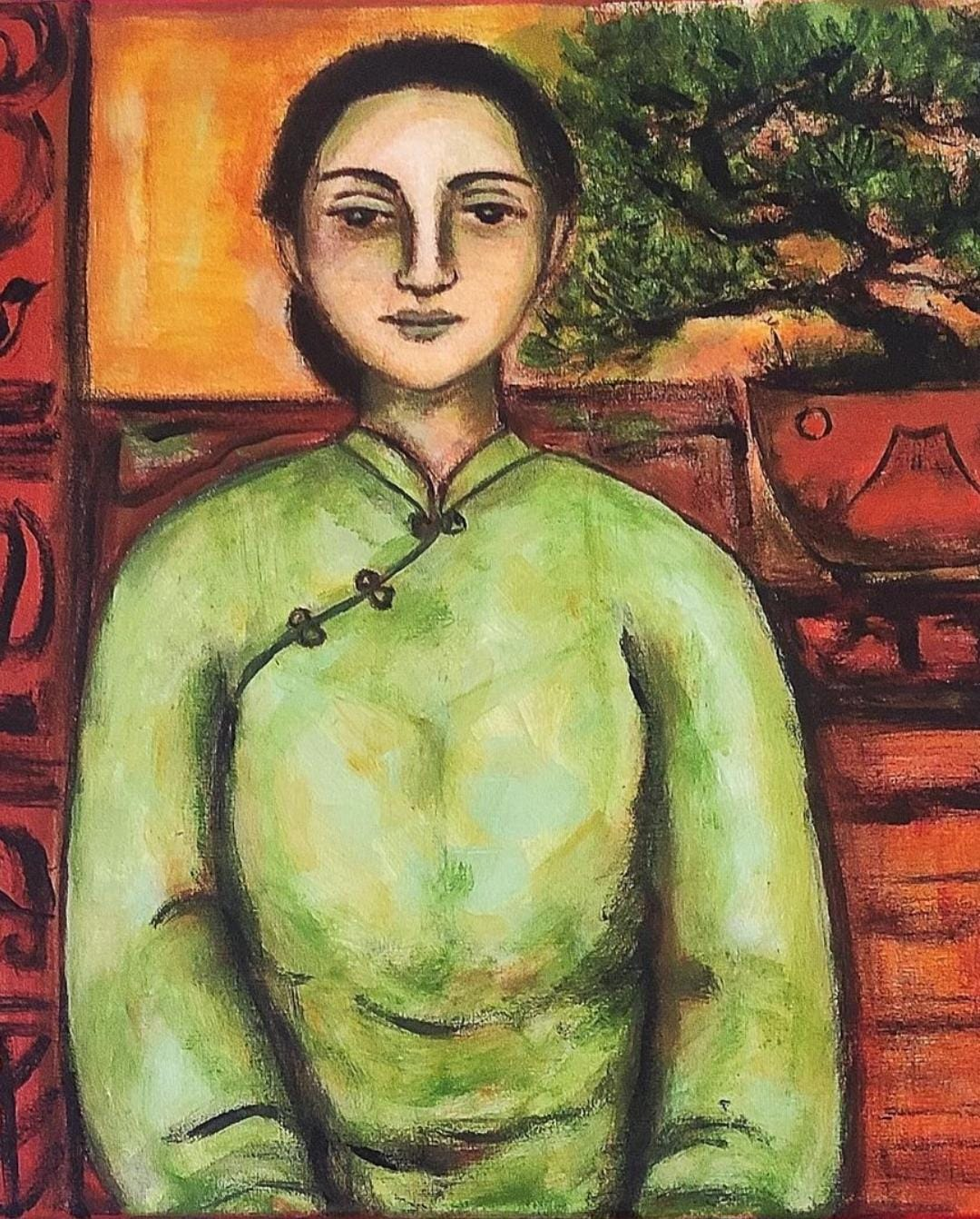 Portrait of a woman in green with a bonsai by Arathi Dharani