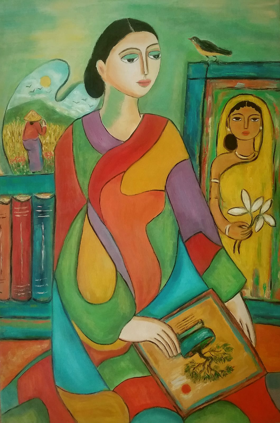 Painting of a woman in a sari with a bird by Arathi Dharani