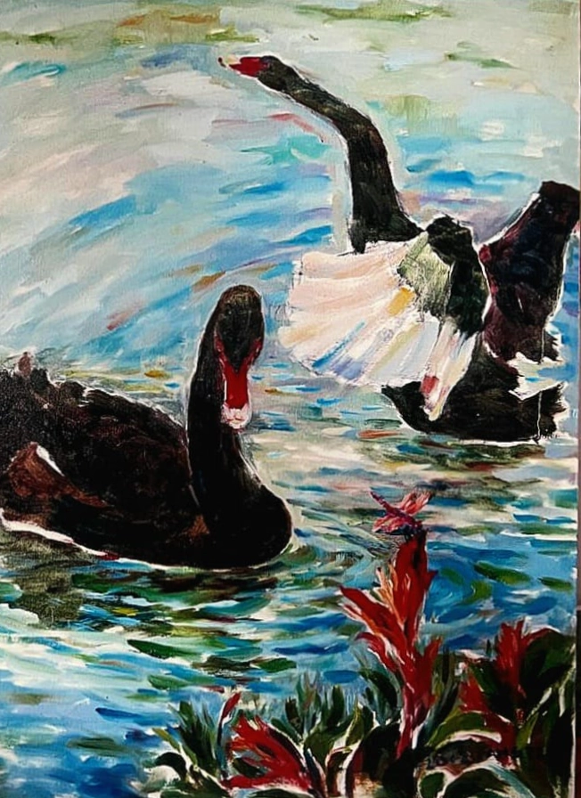 Oil painting of black swans on water by Ang Teck Lee