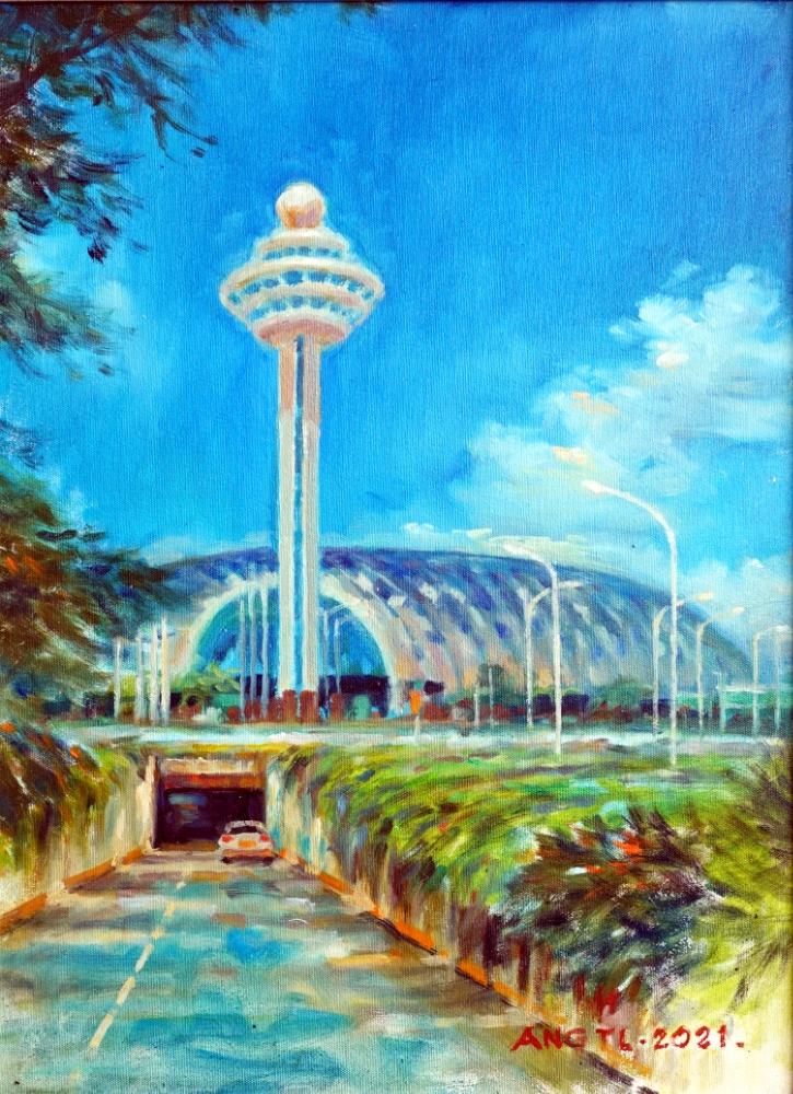 Oil painting of the Changi control tower and gardens by Ang Teck Lee
