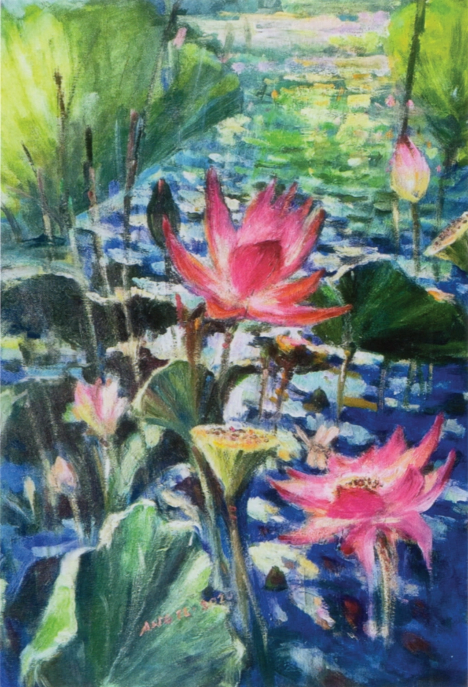Oil painting of a lotus pond by Ang Teck Lee