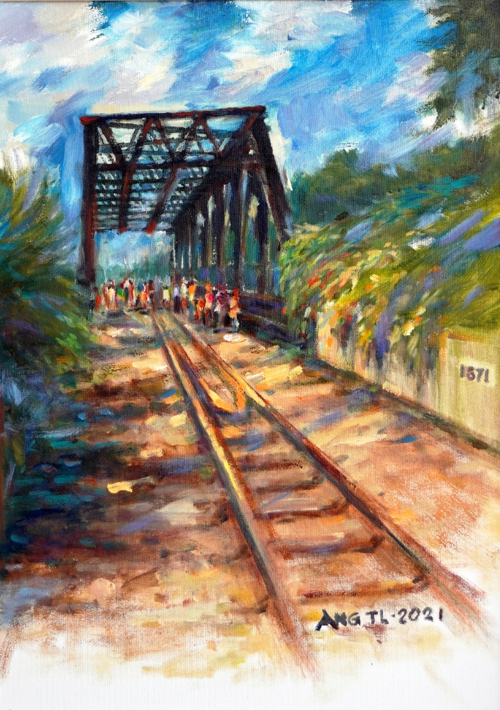 Oil painting of the old railway track and truss bridge by Ang Teck Lee