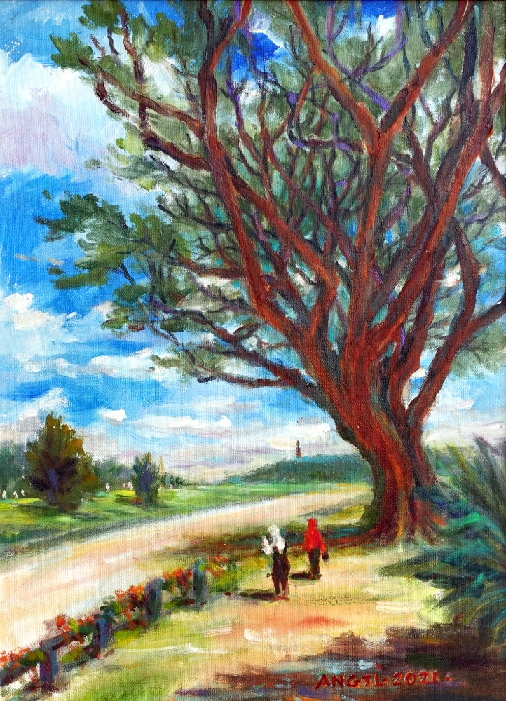 Oil painting of a large tree beside a garden path by Ang Teck Lee