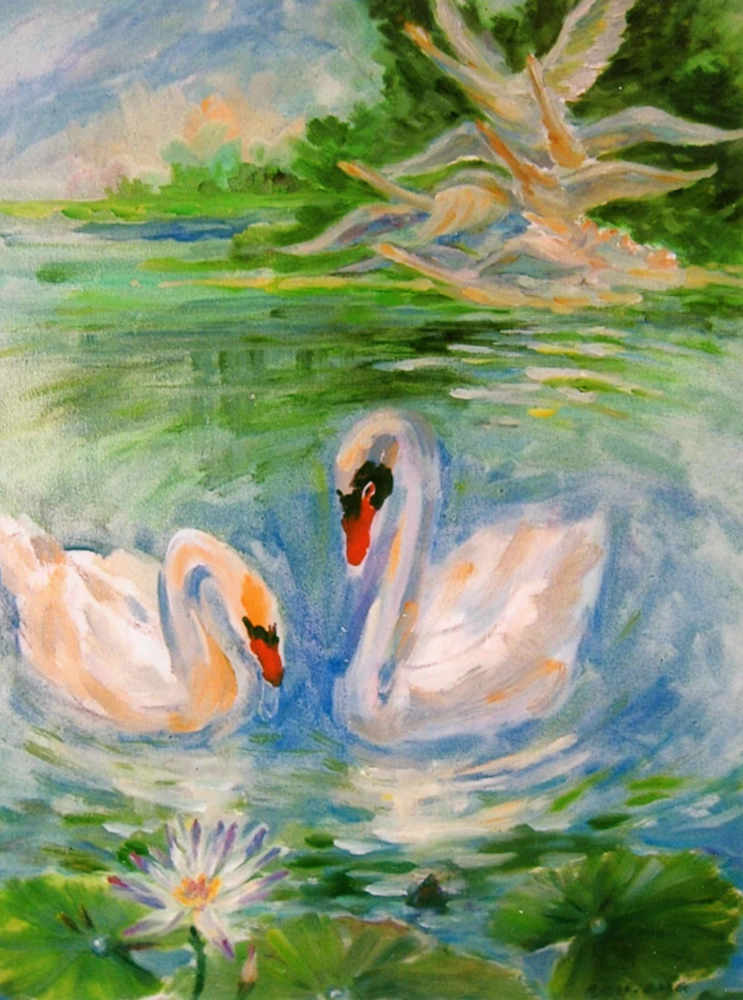 Oil painting of white swans on a lake by Ang Teck Lee