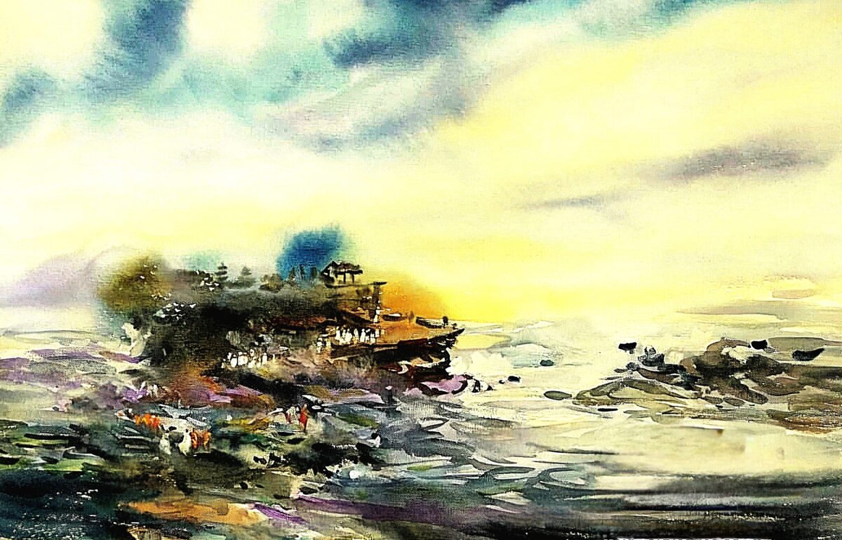 Watercolour of a coastal sunset by Goh Khie Ching