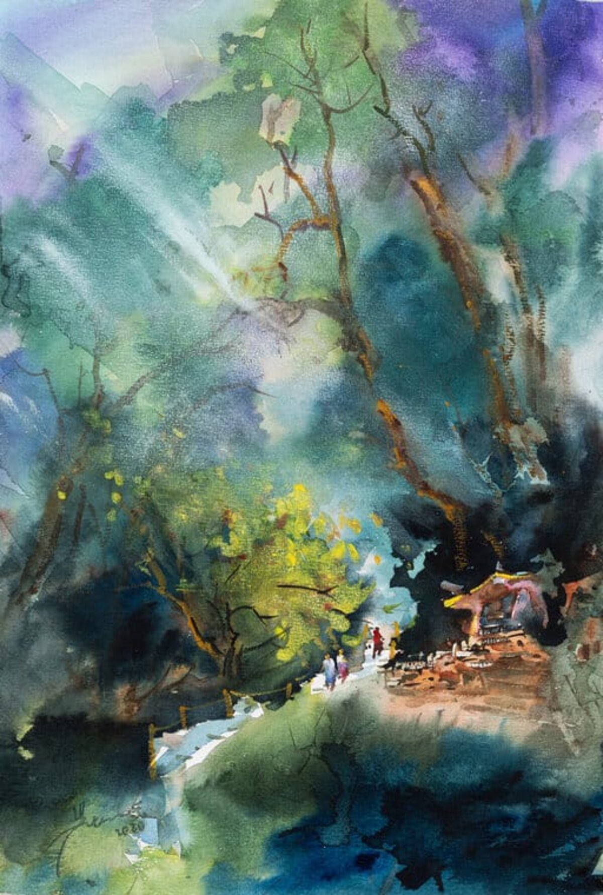 Watercolour of a forest and stream by Goh Khie Ching