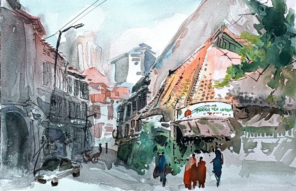 Watercolour of a street scene with old shophouses by Goh Khie Ching