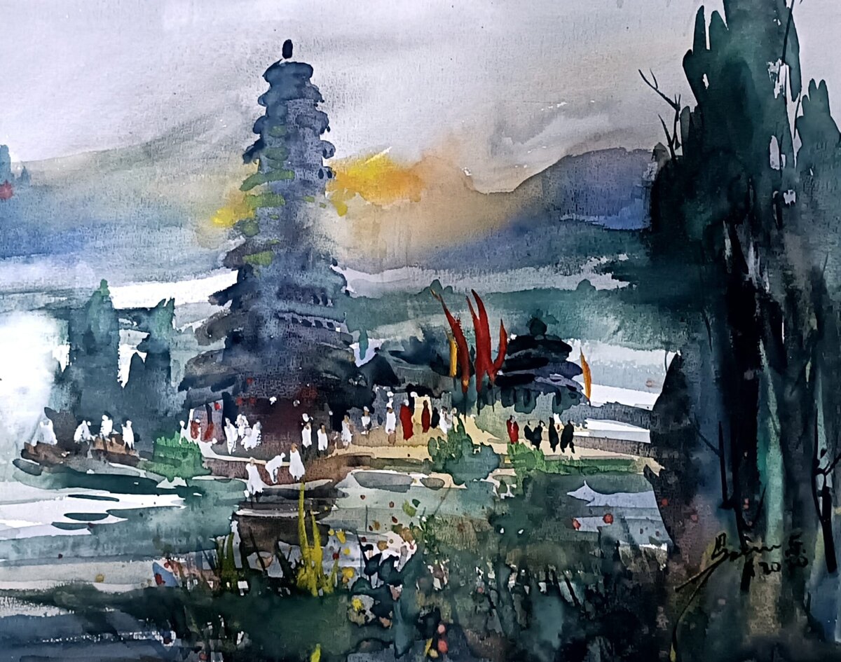 Watercolour of a temple by a lake by Goh Khie Ching