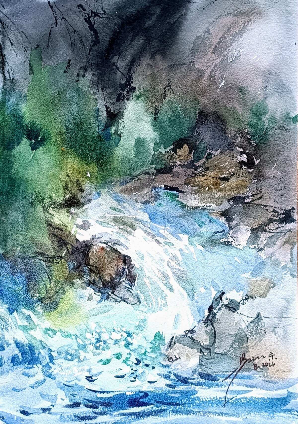 Watercolour of a rocky mountain stream by Goh Khie Ching