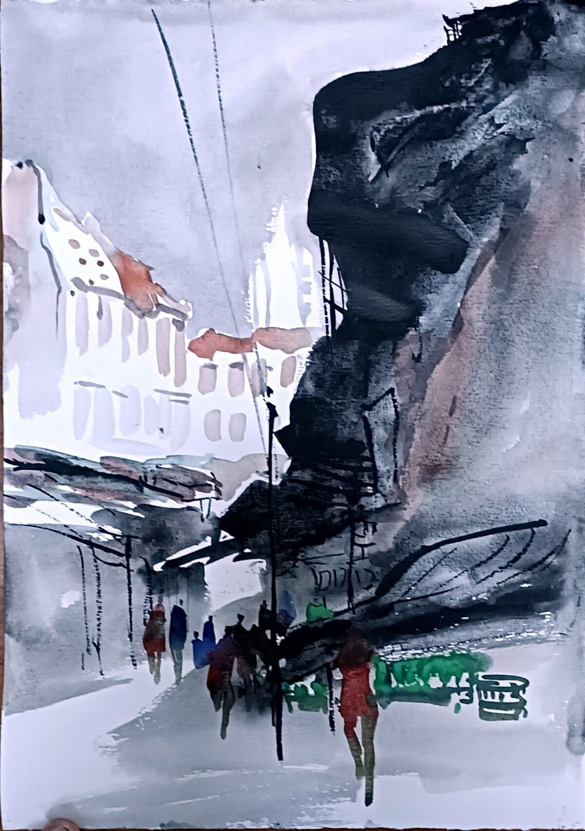 Watercolour of a rainy street scene by Goh Khie Ching