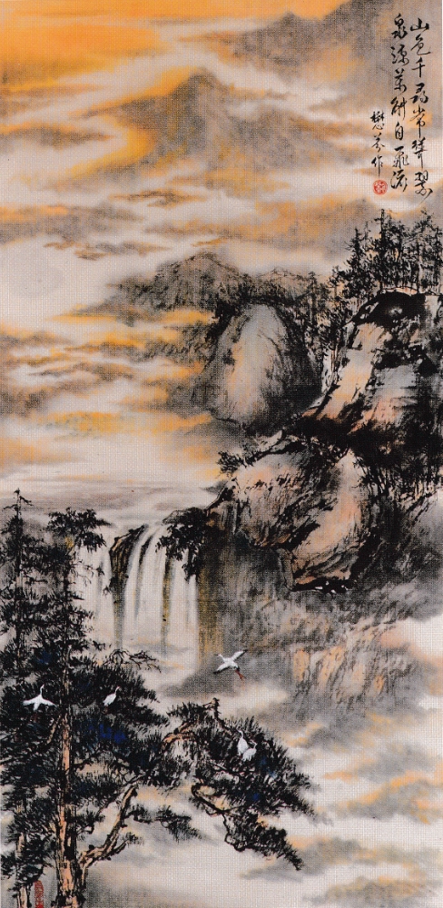 Mountains Rising in Emerald Layers (山色千寻常耸翠), ink painting, by Liu Mou Fen