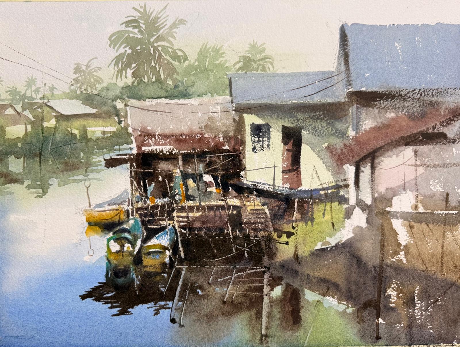 Bintulu Fishing Village, watercolour, by Philip Lee