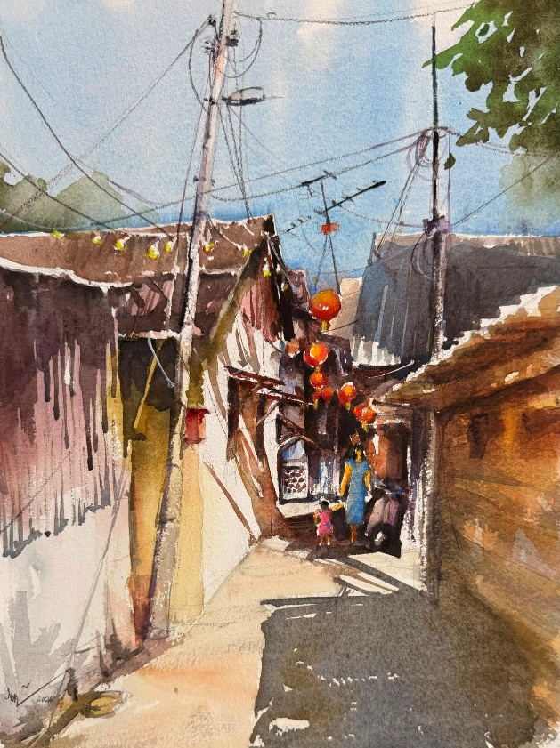 Penang Houses, watercolour, by Philip Lee