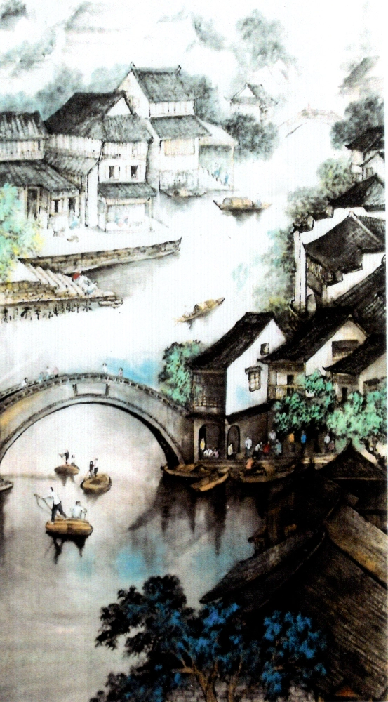Water town landscape, Chinese painting, by Tan Ewe Liang
