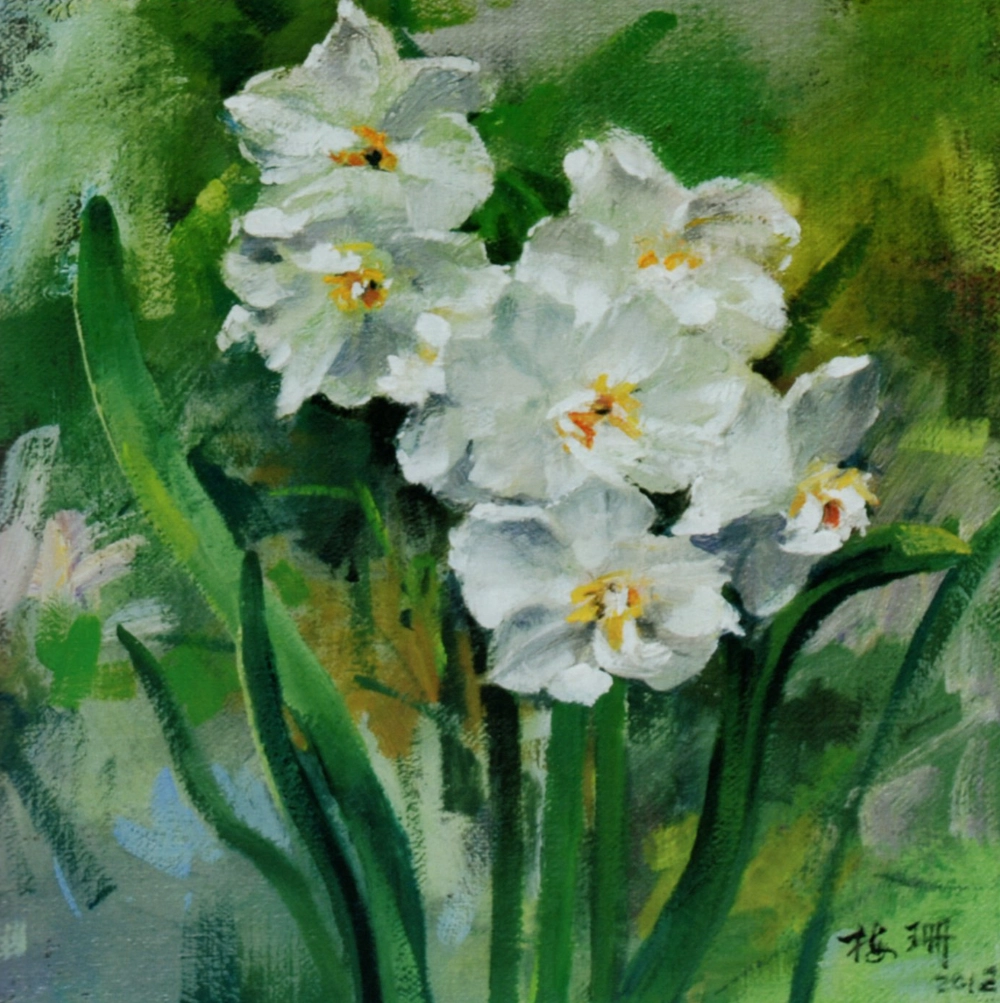 Narcissus (水仙), oil on canvas, 40.5×40.5cm, by Tan Mui San