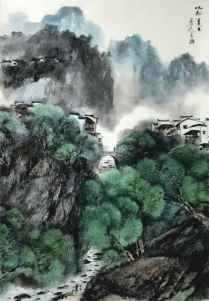 山村夏月 — ink landscape painting by Wu Molin