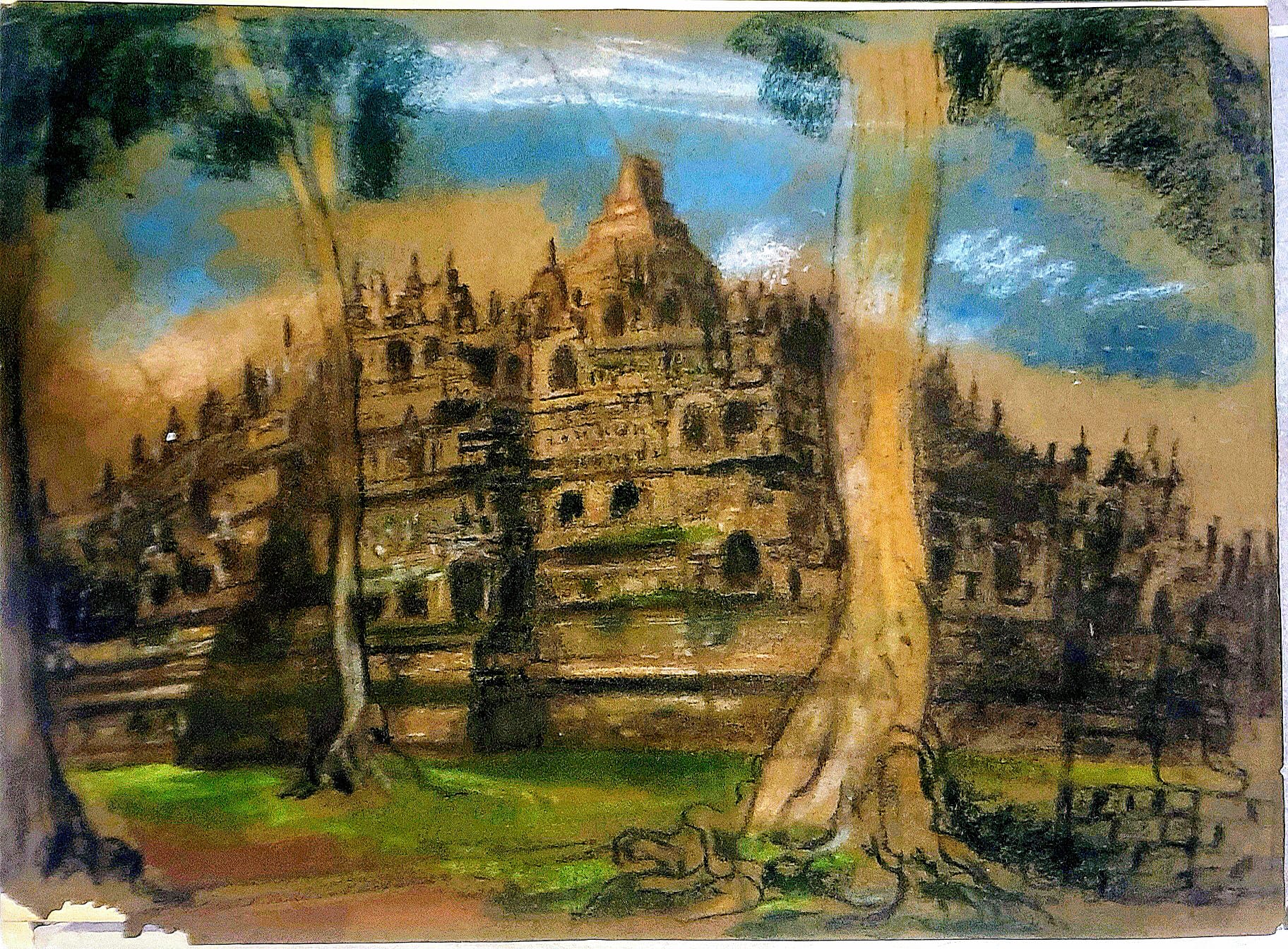 Borobudur, pastel field sketch, unpublished, by Yeh Chi Wei